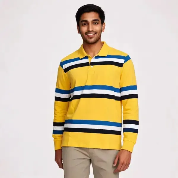 Yellow_Striped_Long_Sleeve_Polo_T_Shirt_For_Men