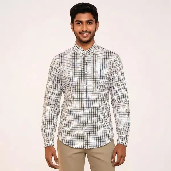 White_Checked_Long_Sleeve_Shirt_For_Men