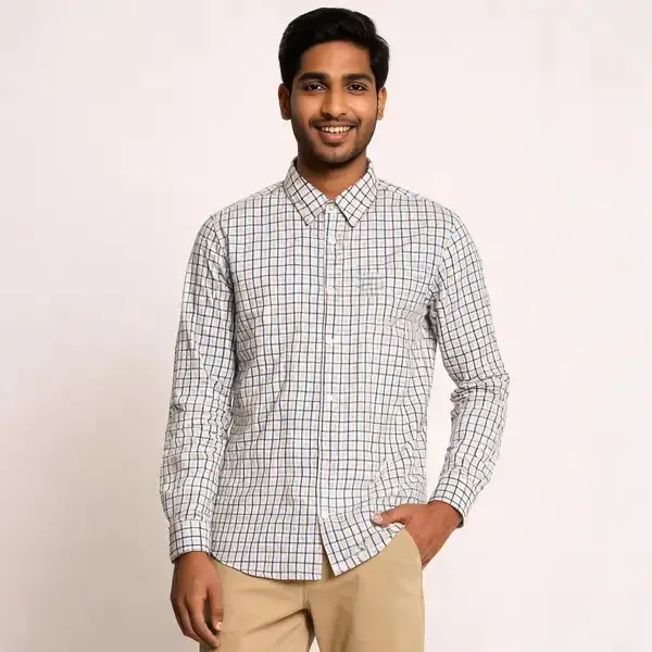 White_Checked_Long_Sleeve_Shirt_For_Men
