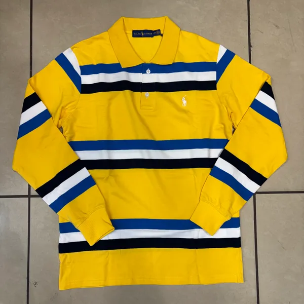 Yellow_Striped_Long_Sleeve_Polo_Shirt_For_Men