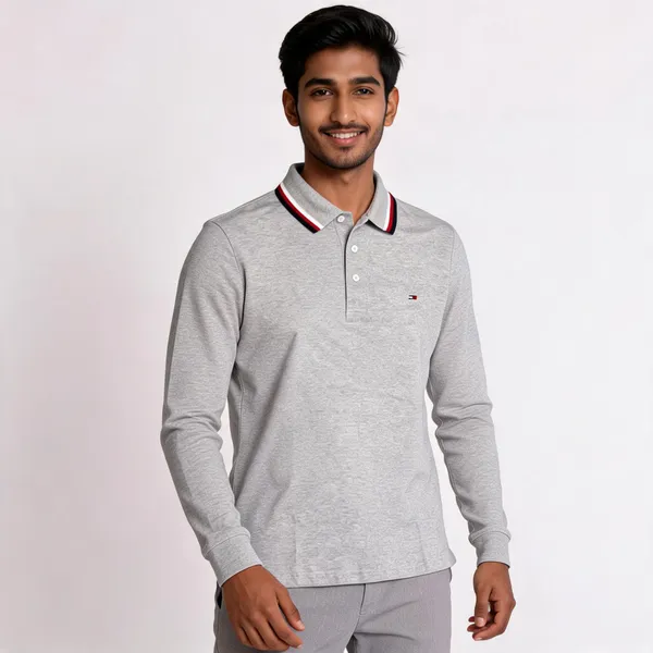 Grey_Textured_Long_Sleeve_Polo_Shirt_For_Men