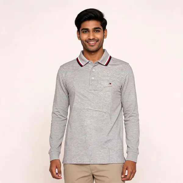 Grey_Textured_Long_Sleeve_Polo_Shirt_For_Men