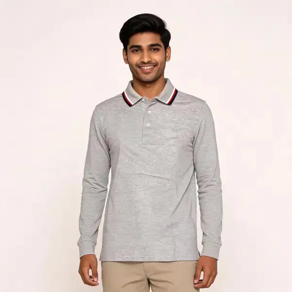 Grey_Textured_Long_Sleeve_Polo_T_Shirt_For_Men