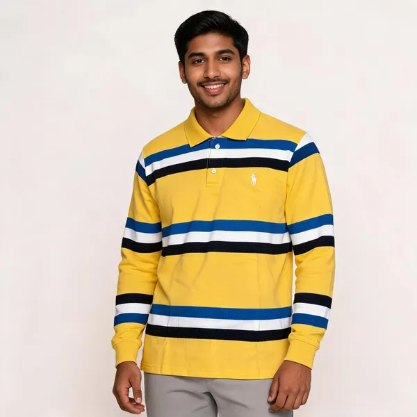 Yellow_Striped_Long_Sleeve_Polo_Shirt_For_Men