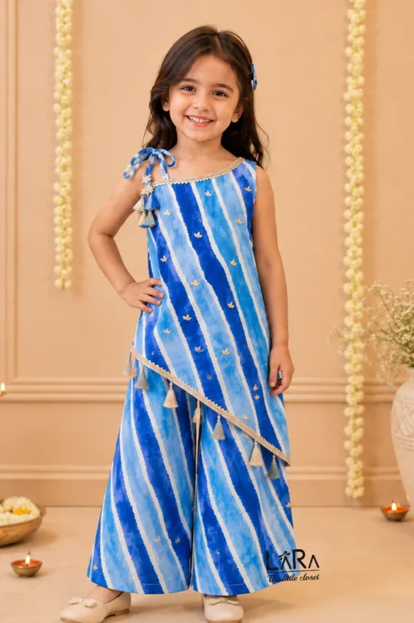 girl's_blue_cotton_lehariya_kurti_set,_one_shoulder_kurti_palazzo_set_for_kids
