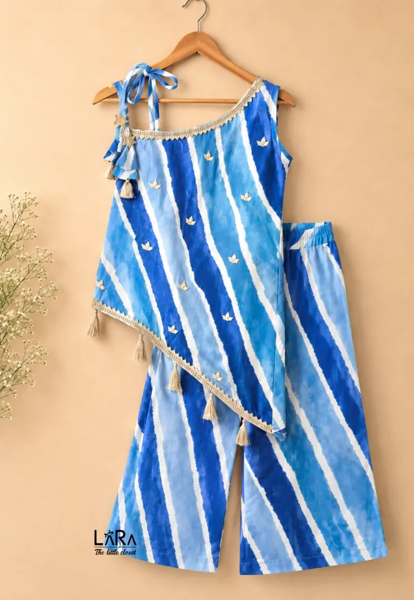 girl's_blue_cotton_lehariya_kurti_set,_one_shoulder_kurti_palazzo_set_for_kids