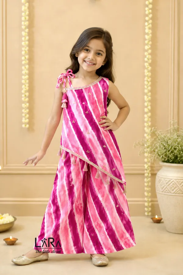 girl's_pink_cotton_lehariya_set,_one_shoulder_kurti_palazzo_set_for_kids
