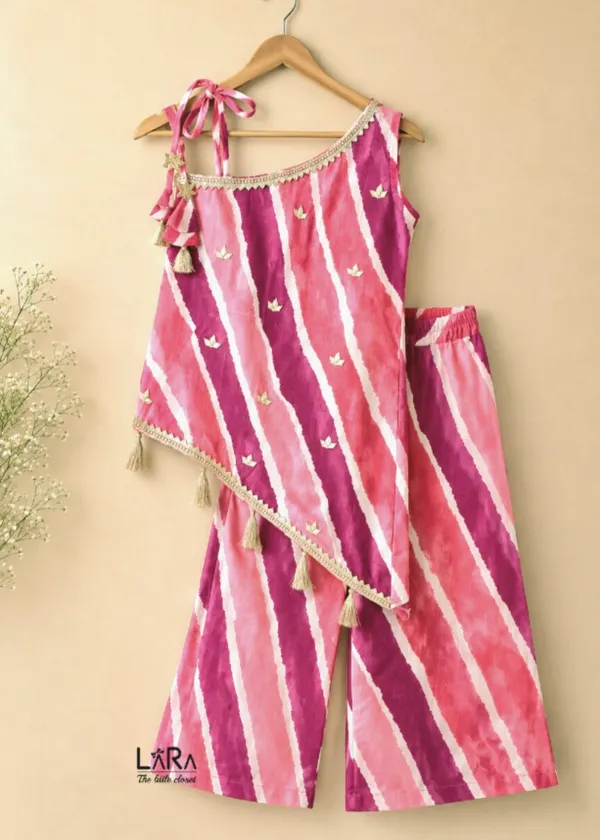 girl's_pink_cotton_lehariya_set,_one_shoulder_kurti_palazzo_set_for_kids