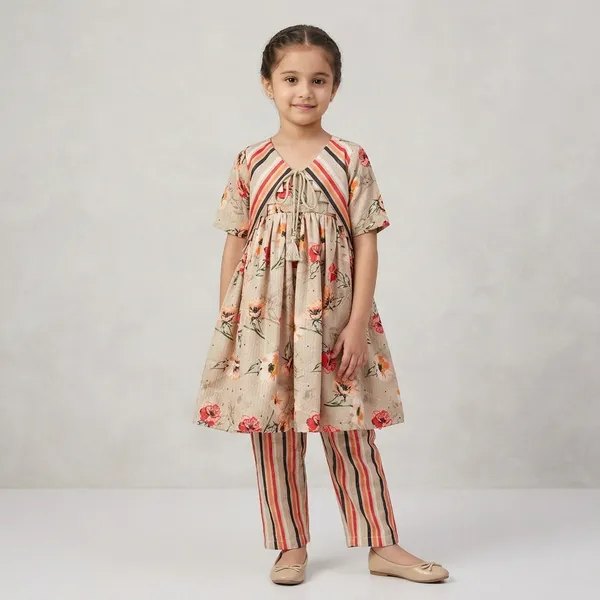 Orange_And_Cream_Cotton_Casual_Kurta_Set_For_Girls