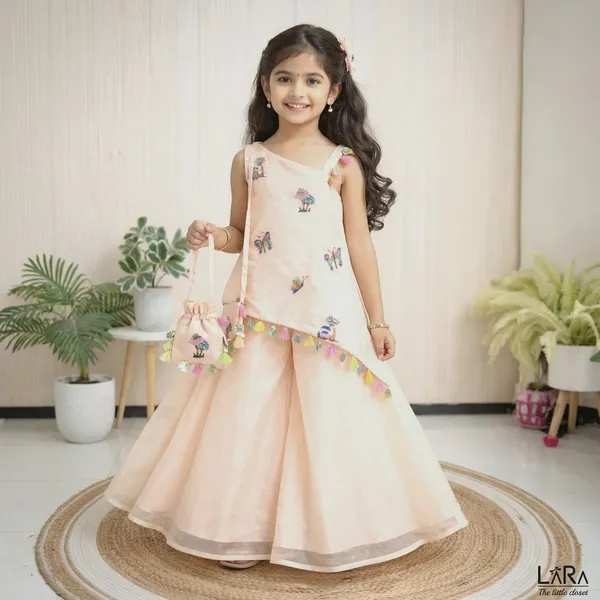 Peach_Coloured_One_Shoulder_Kurti_Palazzo_Set_For_Little_Girls