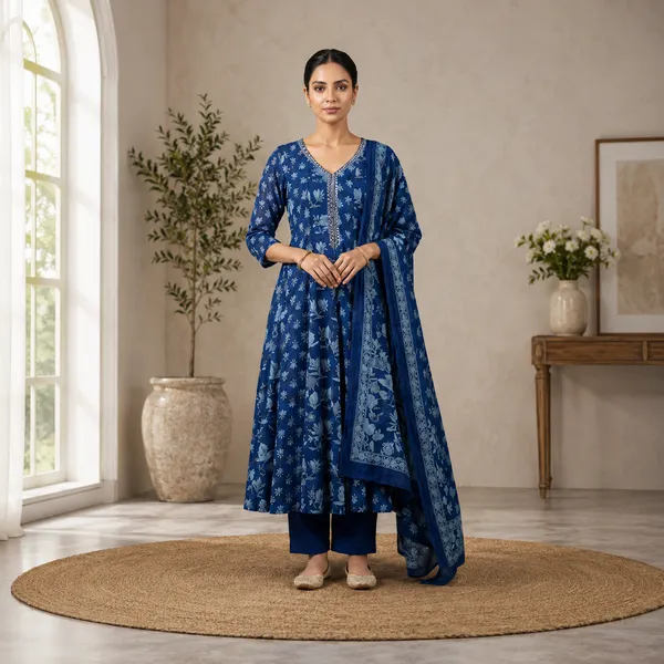Navy_Blue_Mul_Cotton_Anarkali_Floral_Print_Kurta_Set_With_Dupatta_For_Women