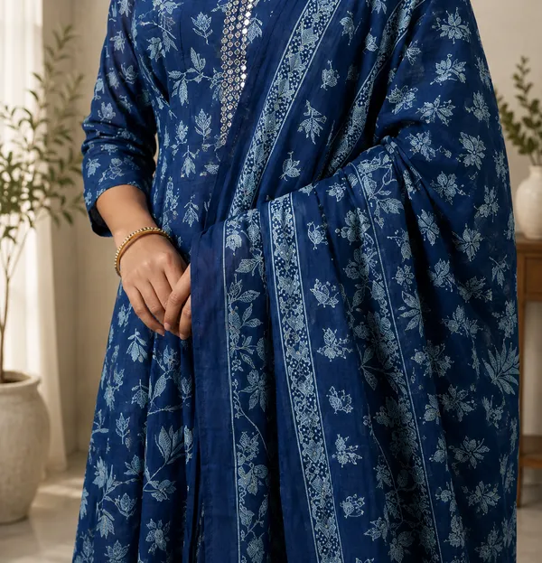 Navy_Blue_Mul_Cotton_Anarkali_Floral_Print_Kurta_Set_With_Dupatta_For_Women