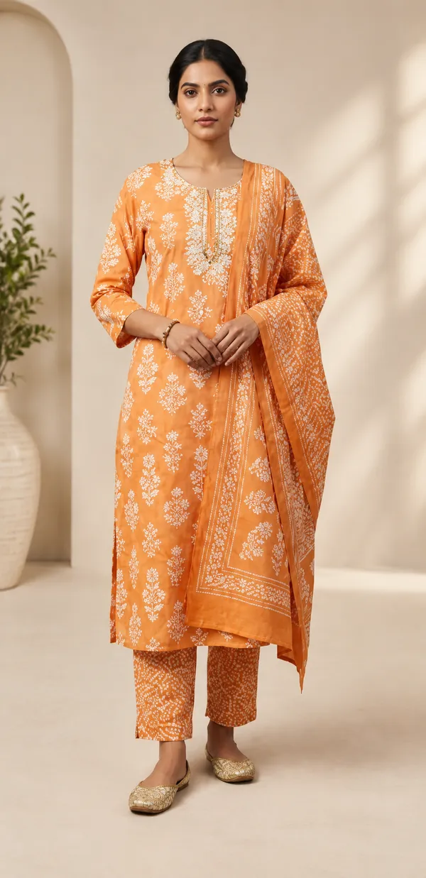 Orange_Cotton_Floral_Print_Embroidered_Kurta_with_Dupatta_Set_For_Women