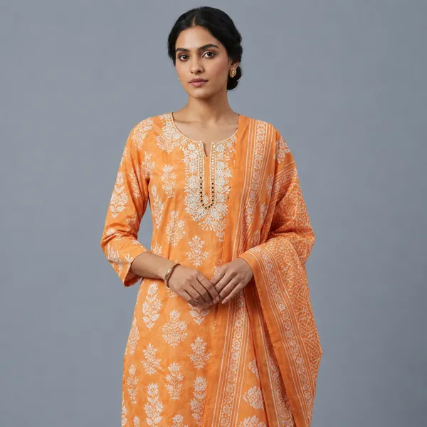 Orange_Cotton_Floral_Print_Embroidered_Kurta_with_Dupatta_Set_For_Women