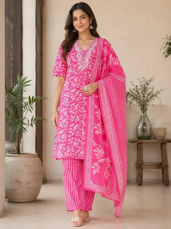 Pink_Cotton_Straight_Floral_Print_Embroidered_Kurta_With_Dupatta_Set_For_Women