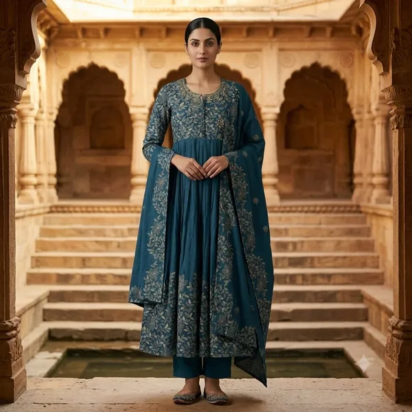 Teal_Blue_Mul_Cotton_Anarkali_Embroidered_Kurta_With_Dupatta_Set_For_Women
