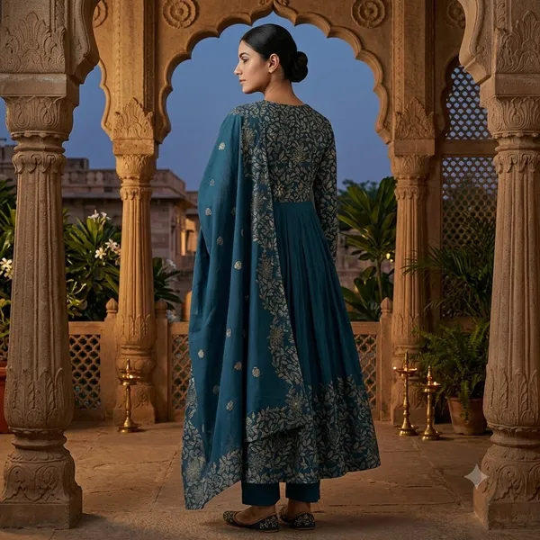 Teal_Blue_Mul_Cotton_Anarkali_Embroidered_Kurta_With_Dupatta_Set_For_Women
