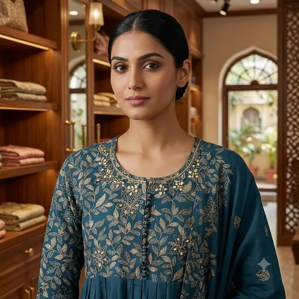 Teal_Blue_Mul_Cotton_Anarkali_Embroidered_Kurta_With_Dupatta_Set_For_Women