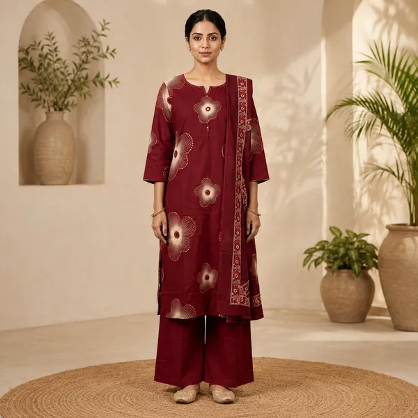 Maroon_Cotton_Straight_Floral_Print_Kurta_Pant_With_Dupatta_Set_For_Women