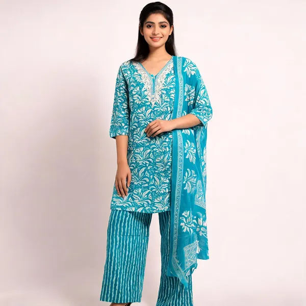 Turquoise_Cotton_Floral_Print_Kurta_Palazzo_With_Dupatta_Set_For_Women