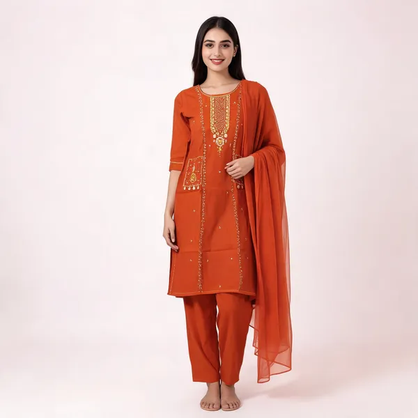 Rust_Silk_Straight_Embroidered_Kurta_With_Pant_And_Dupatta_Set_For_Women