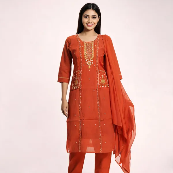 Rust_Silk_Straight_Embroidered_Kurta_With_Pant_And_Dupatta_Set_For_Women