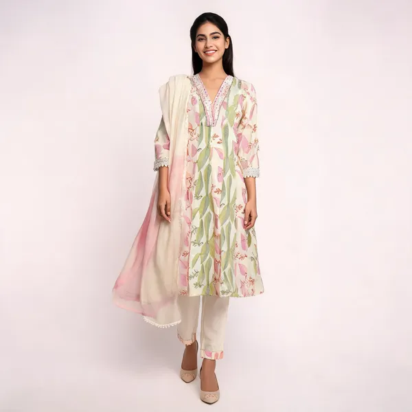 Cream_Georgette_Anarkali_Floral_Print_Embellished_Suit_Set_For_Women