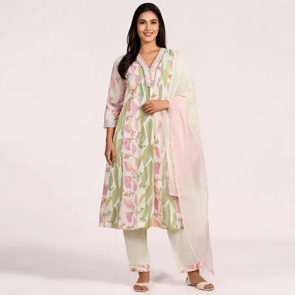 Cream_Georgette_Anarkali_Floral_Print_Embellished_Suit_Set_For_Women