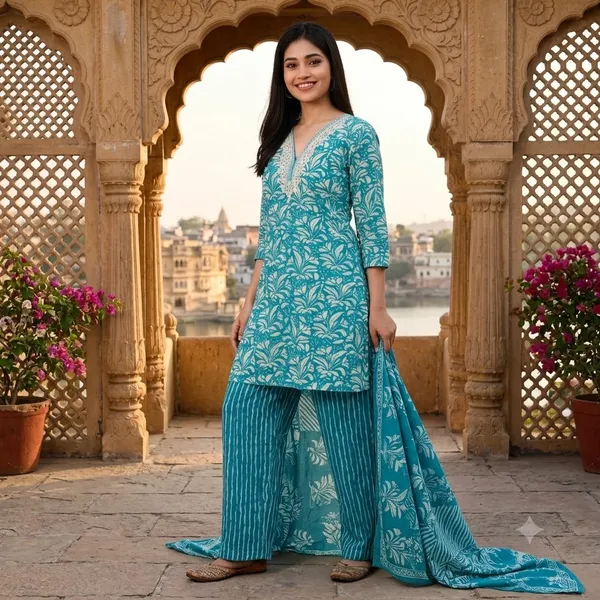 Turquoise_Cotton_Floral_Print_Kurta_Palazzo_With_Dupatta_Set_For_Women