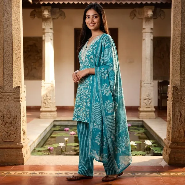 Turquoise_Cotton_Floral_Print_Kurta_Palazzo_With_Dupatta_Set_For_Women