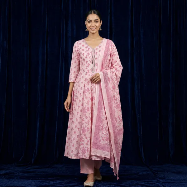 Pink_Mul_Cotton_Flared_Floral_Print_Anarkali_Kurta_Set_For_Women
