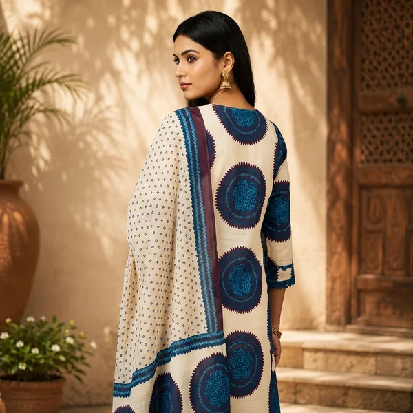 Beige_Mul_Cotton_Straight_Bandhani_Print_Kurta_With_Dupatta_Set_For_Women