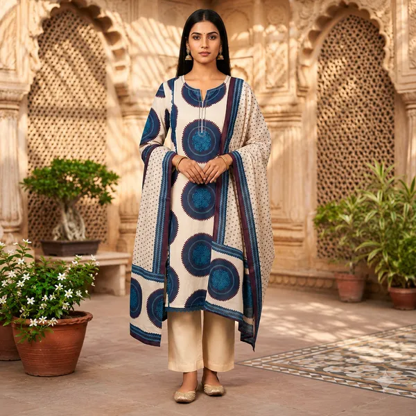 Beige_Mul_Cotton_Straight_Bandhani_Print_Kurta_With_Dupatta_Set_For_Women