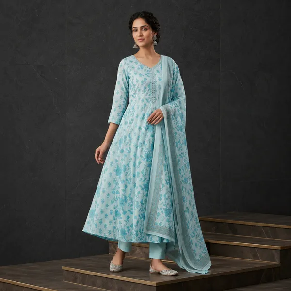 Sea_Green_Mul_Cotton_Anarkali_Floral_Print_Kurta_Set_For_Women