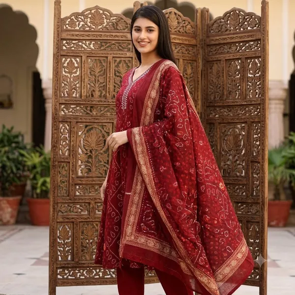 Maroon_Cotton_Anarkali_Bandhani_Print_Kurta_Set_With_Pants_For_Women