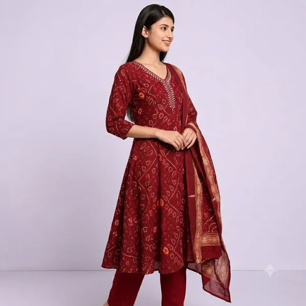 Maroon_Cotton_Anarkali_Bandhani_Print_Kurta_Set_With_Pants_For_Women