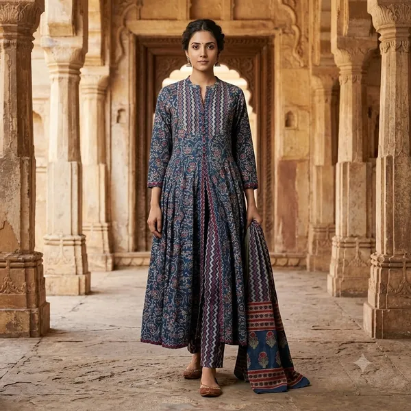 Blue_Cotton_Anarkali_Floral_Print_Kurta_With_Pant_Set_For_Women