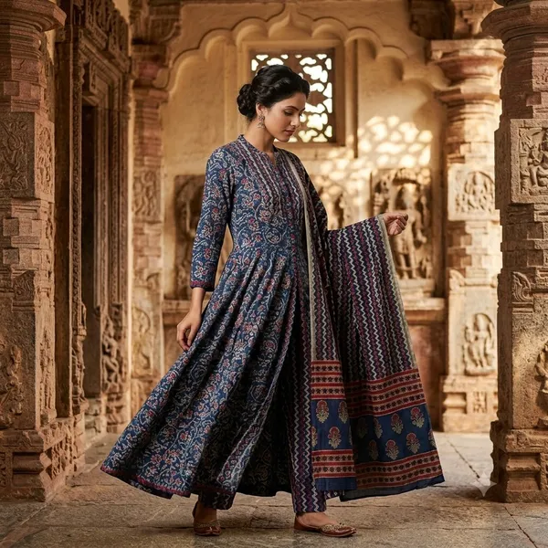 Blue_Cotton_Anarkali_Floral_Print_Kurta_With_Pant_Set_For_Women
