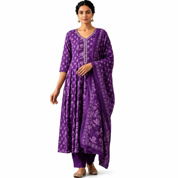 Purple_Mul_Cotton_Anarkali_Floral_Print_Kurti_With_Pant_Set_For_Women