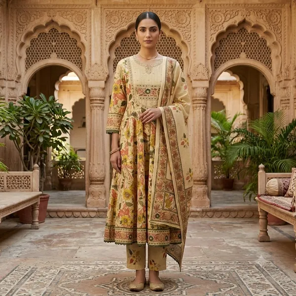 Beige_Cotton_Anarkali_Floral_Print_Embroidered_Kurta_Set_For_Women