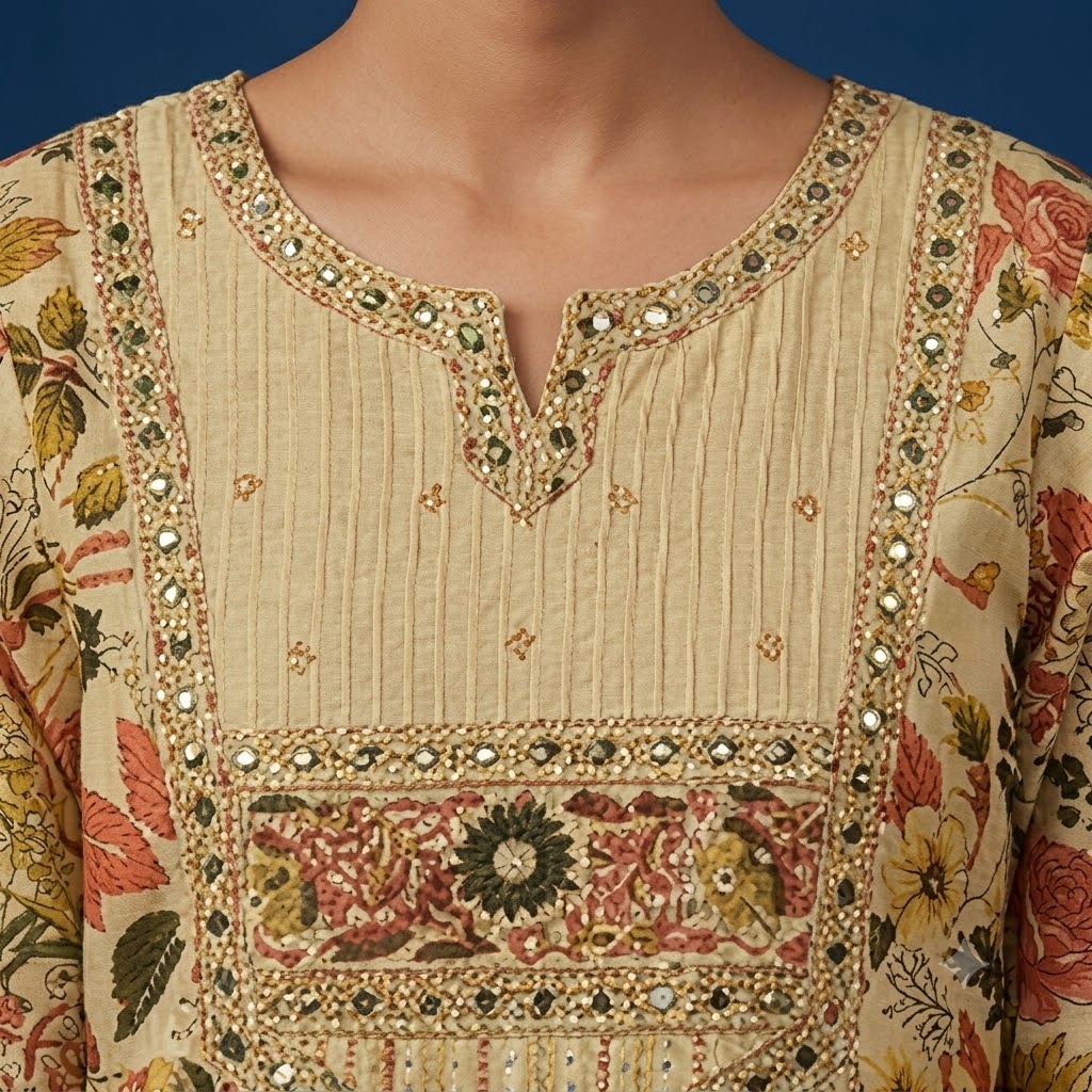 Beige_Cotton_Anarkali_Floral_Print_Embroidered_Kurta_Set_For_Women