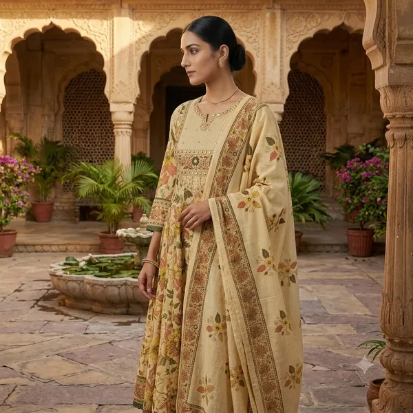 Beige_Cotton_Anarkali_Floral_Print_Embroidered_Kurta_Set_For_Women