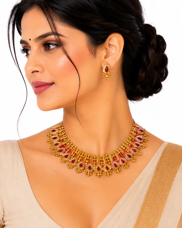 Golden_And_Red_Brass_And_Copper_Short_Bridal_Necklace_For_Women