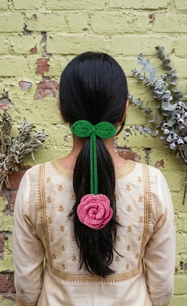 Pink_Cotton_Crochet_Floral_Hair_Tie_For_Women