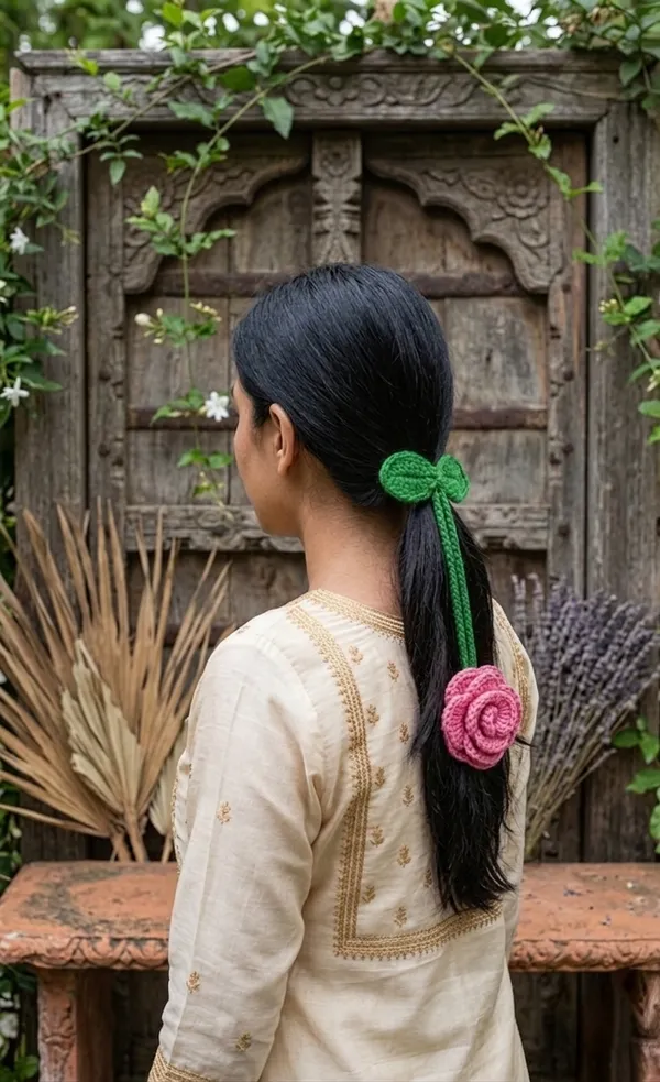 Pink_Cotton_Crochet_Floral_Hair_Tie_For_Women