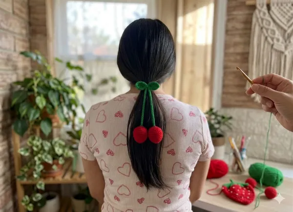 Red_And_Green_Crochet_Cherry_Hair_Tie_for_Women