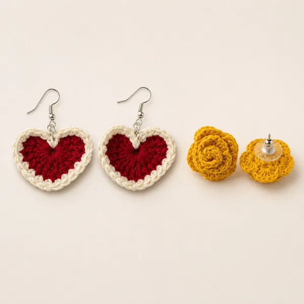 Red_And_Yellow_Cotton_Crochet_Heart_Earrings_And_Floral_Stud_Earrings_For_Women_Pack_Of_2