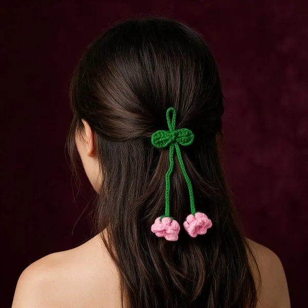 Pink_Cotton_Crochet_Cherry_Hair_Tie_For_Women