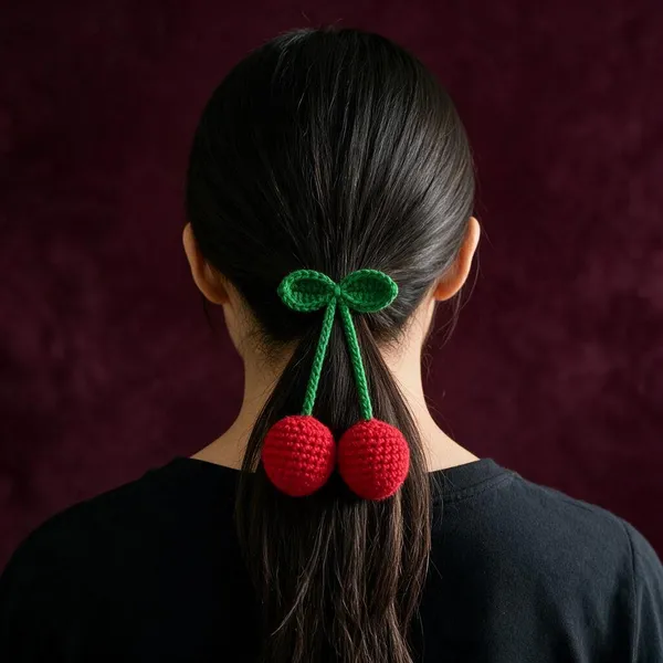 Red_Cotton_Crochet_Cherry_Hair_Tie_For_Women