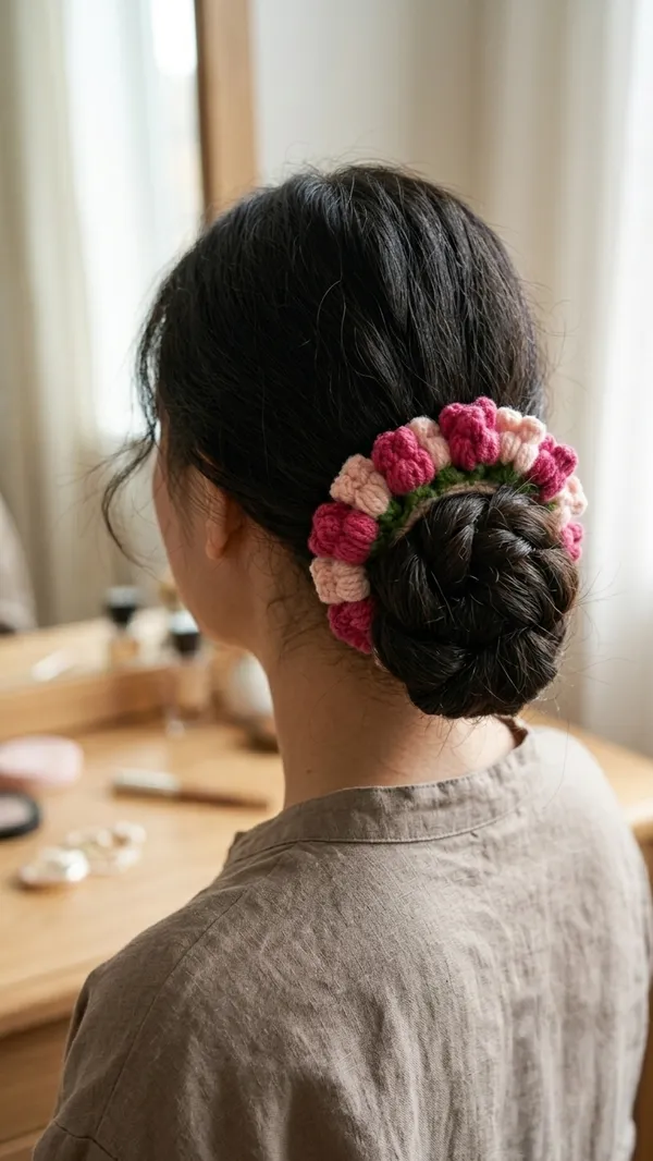 Pink_Cotton_Crochet_Floral_Scrunchie_for_Women